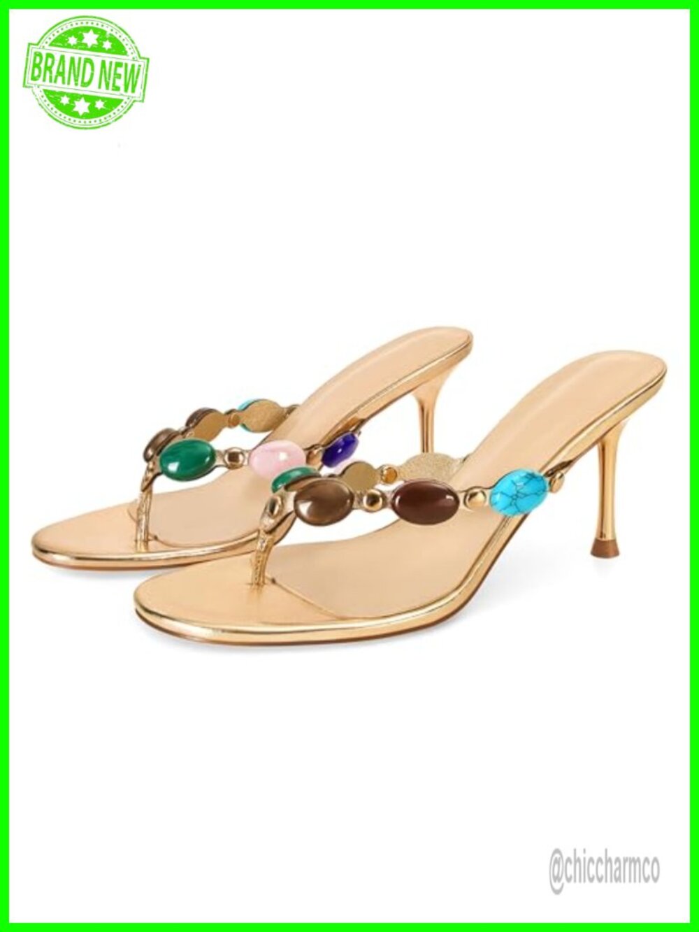 Women's Strappy Kitten Heel Sandals Jeweled Bohemian Slip On Dressy